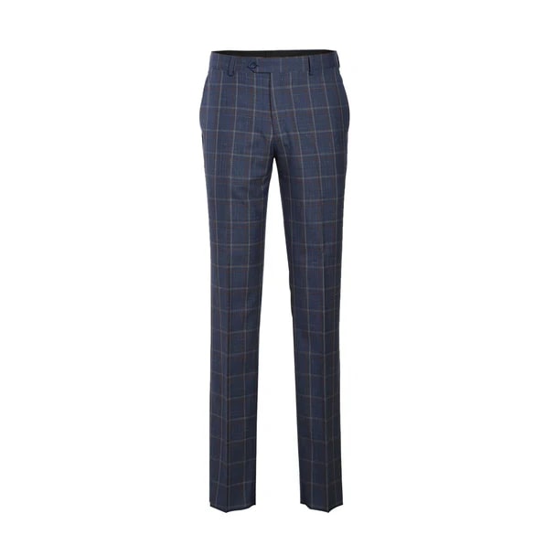 Designer Brand - Wool Stretch with Linen Single Breasted Steel Blue and Orange Plaid Suit - Coat Size 38