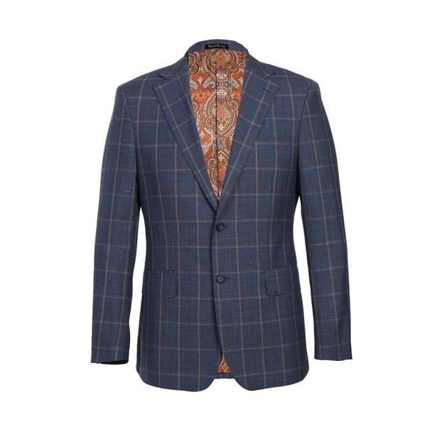 Designer Brand - Wool Stretch with Linen Single Breasted Steel Blue and Orange Plaid Suit - Coat Size 38