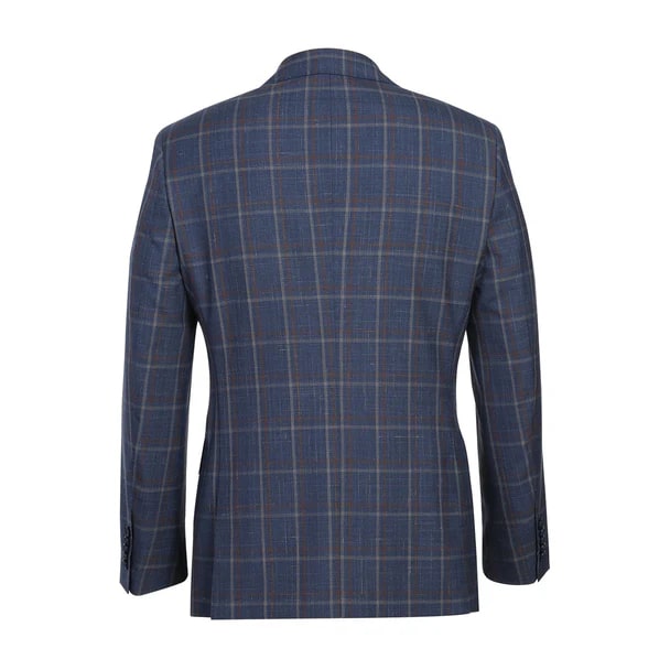 Designer Brand - Wool Stretch with Linen Single Breasted Steel Blue and Orange Plaid Suit - Coat Size 38