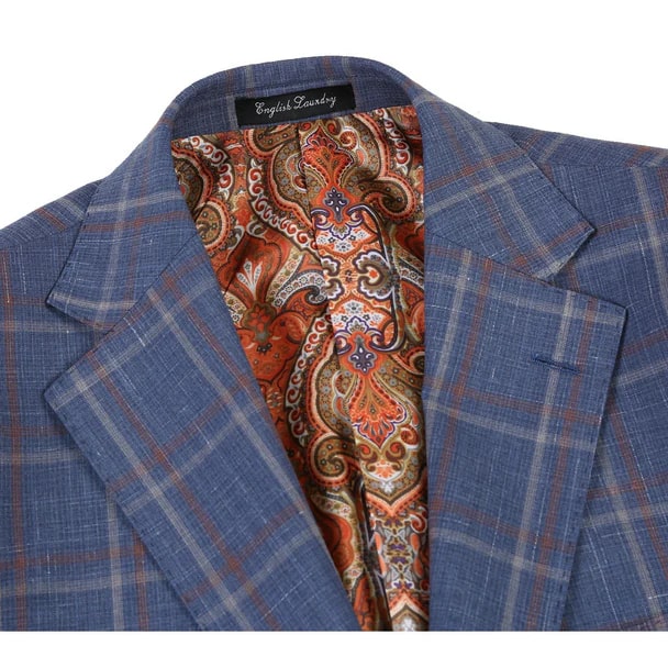 Designer Brand - Wool Stretch with Linen Single Breasted Steel Blue and Orange Plaid Suit - Coat Size 38