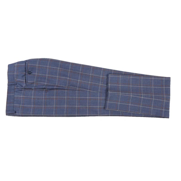 Designer Brand - Wool Stretch with Linen Single Breasted Steel Blue and Orange Plaid Suit - Coat Size 38