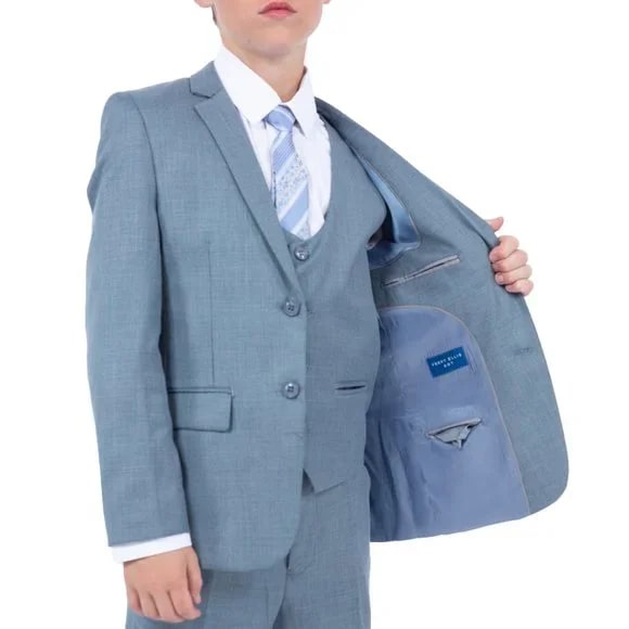 Perry Ellis Boys Sharkskin 5pc Suit, Stone Blue - Boy Size : 4 (Weight 38 to 49)