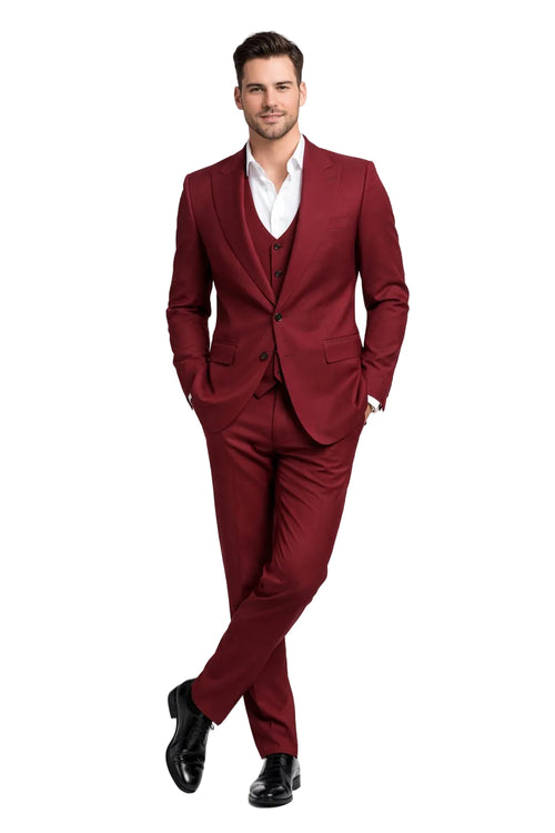 Mens Stacy Adams Suits - Designer Suit - 3 Piece Suit - Vested Suit - Flat Front Pant- Modern Fit Suits Cherry Suit