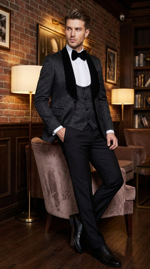 Rossi Man RM1446 Men’s Black 3 Piece Smoking Style Tuxedo Suit, Formal Wedding Prom Dinner Suit