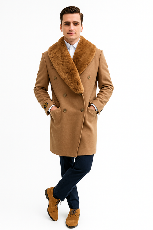Mens Camel Color Peacoat - Mens Wool Camel Peacoat