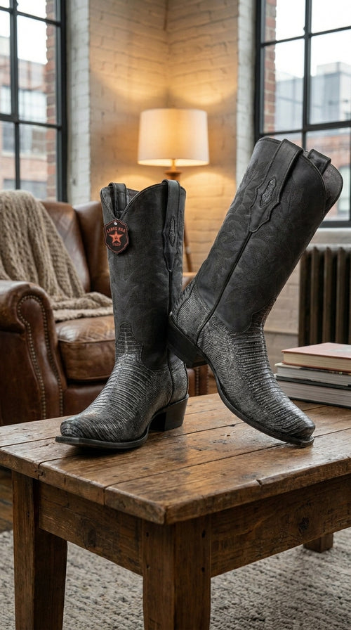 Men's Los Altos Boots 7 Toe Genuine Teju Lizard Sanded Black Leather Boots Handcrafted