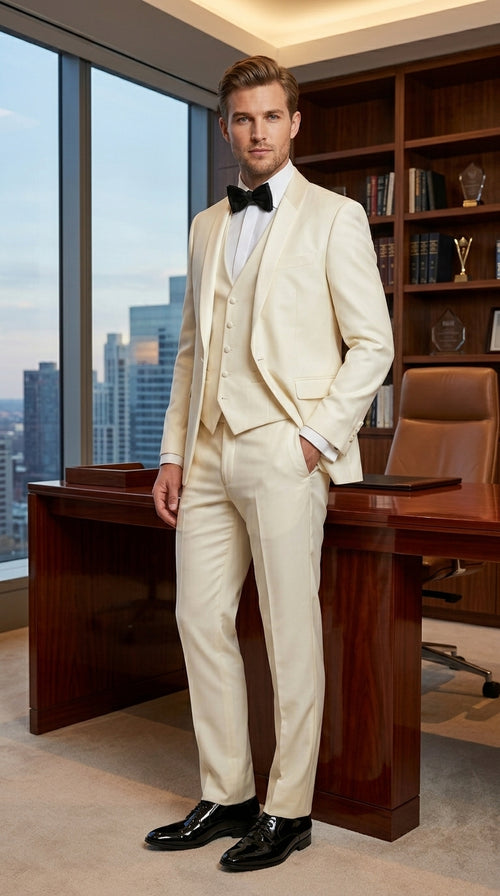 Statement Men’s Off White 100% Wool Vested Tuxedo with White Lapel, Wedding Prom Formal Suit Set
