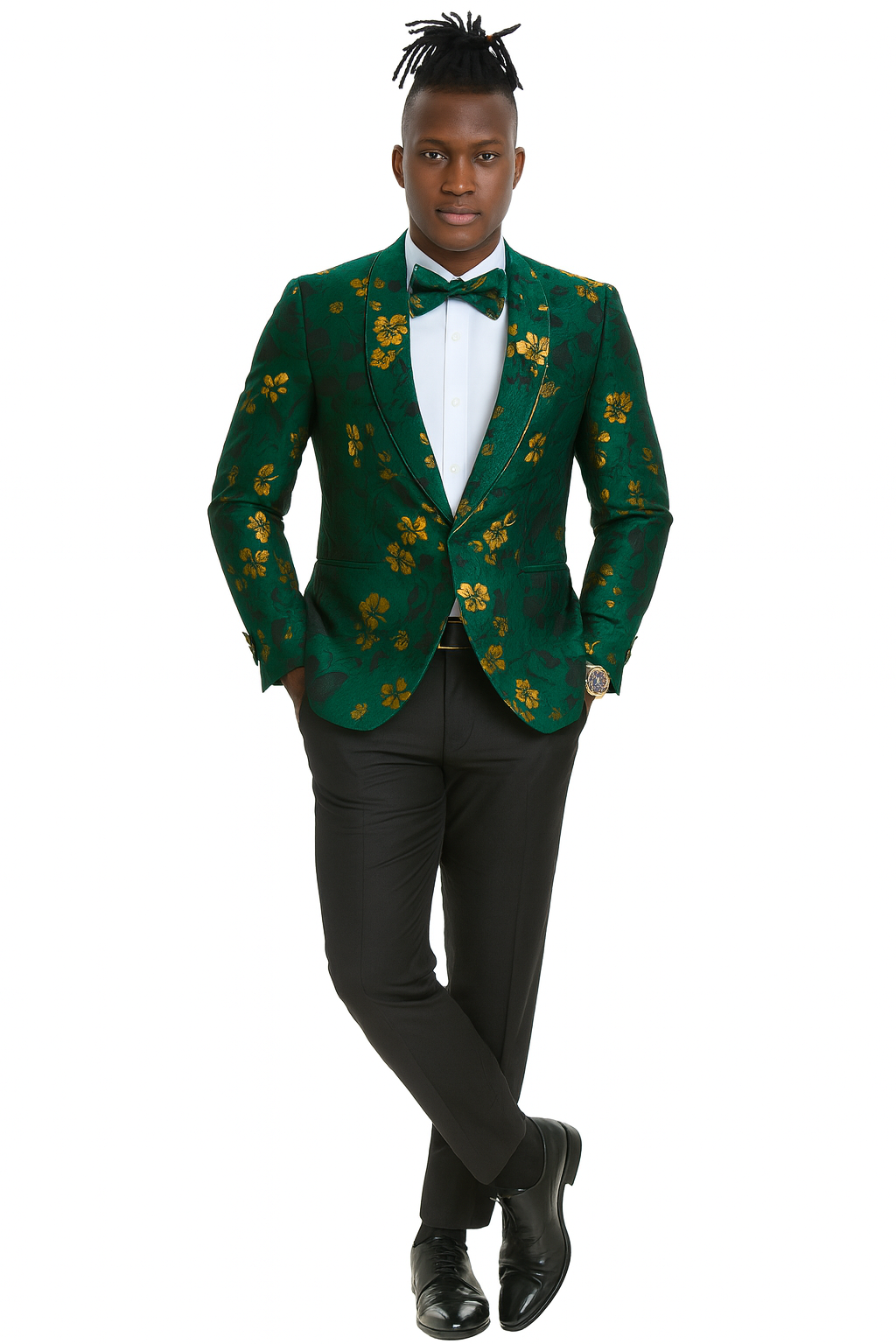 Men's slim fit hunter green and gold paisley prom and wedding tuxedo jacket - Large