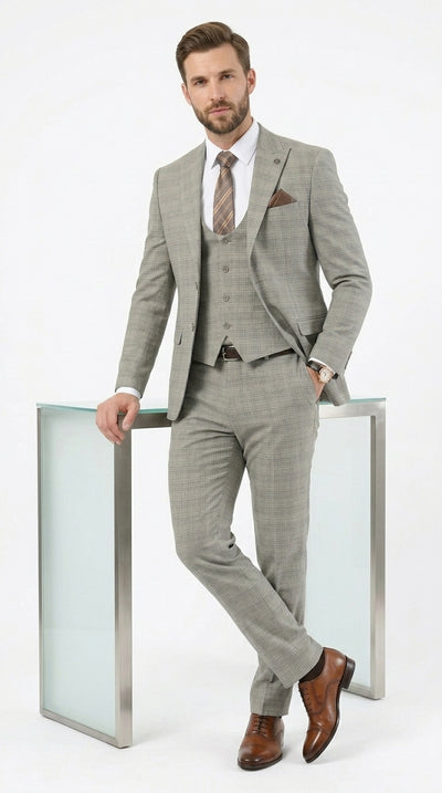 Men’s Khaki Glen Plaid Stacy Adams 3 Piece Suit, Two Button Peak Lapel Formal Wedding Suit Set