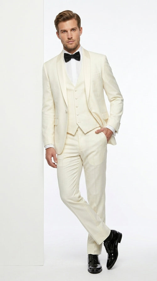 Statement Men’s Off White 100% Wool Vested Tuxedo with White Lapel, Wedding Prom Formal Suit Set