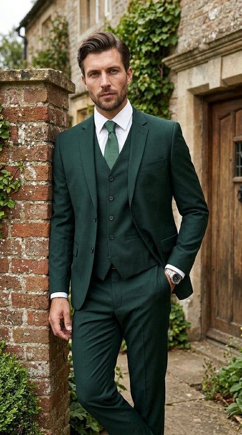 Men’s Hunter Green Vested Suit, Statement Formal Wedding Prom 3 Piece Suit Set