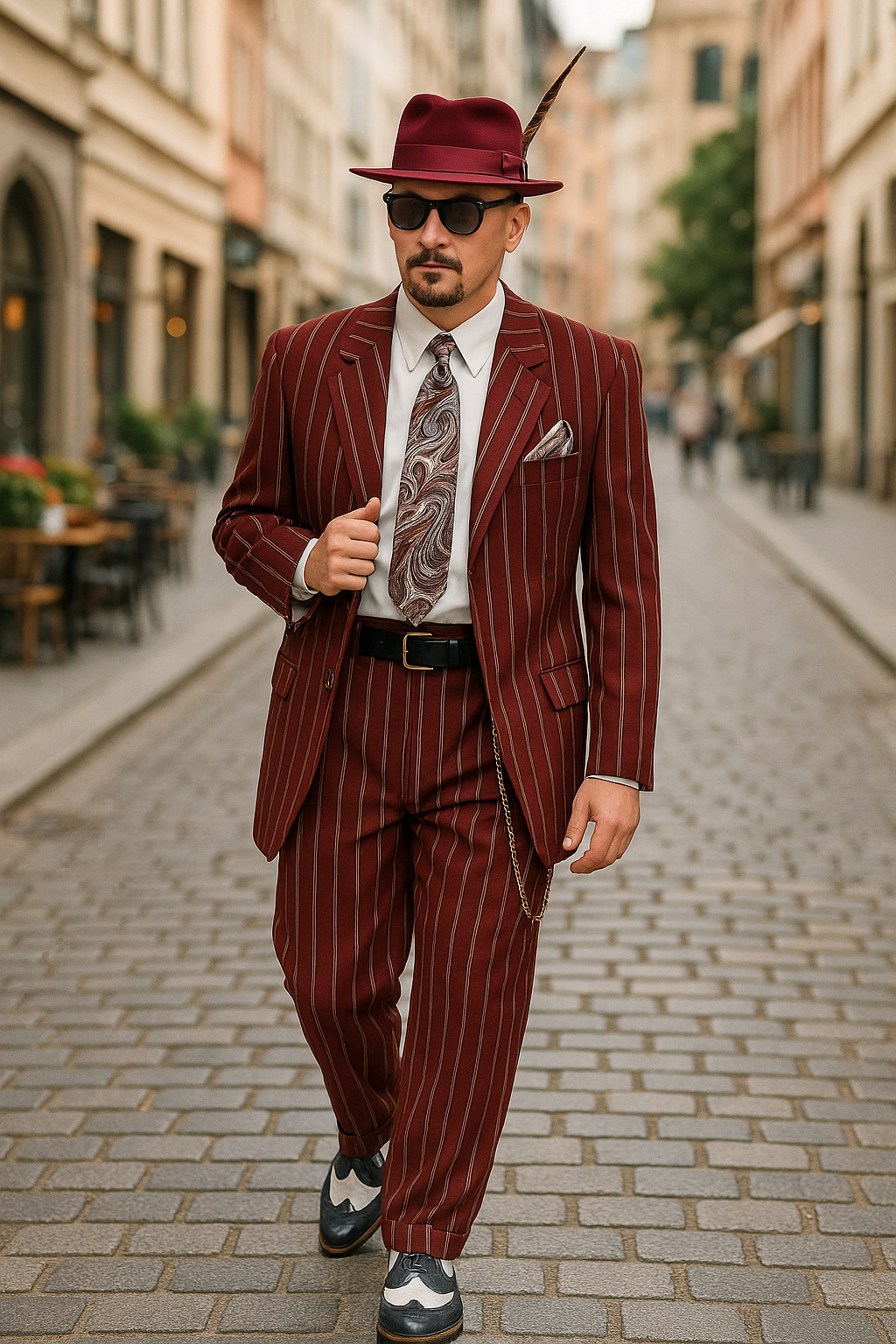 Burgundy Pinstripe Zoot Suit – 3 Piece 1920s/1930s Gangster Outfit (Jacket and Pants and Vest) Vintage Fashion - 34 Short or Extra Small