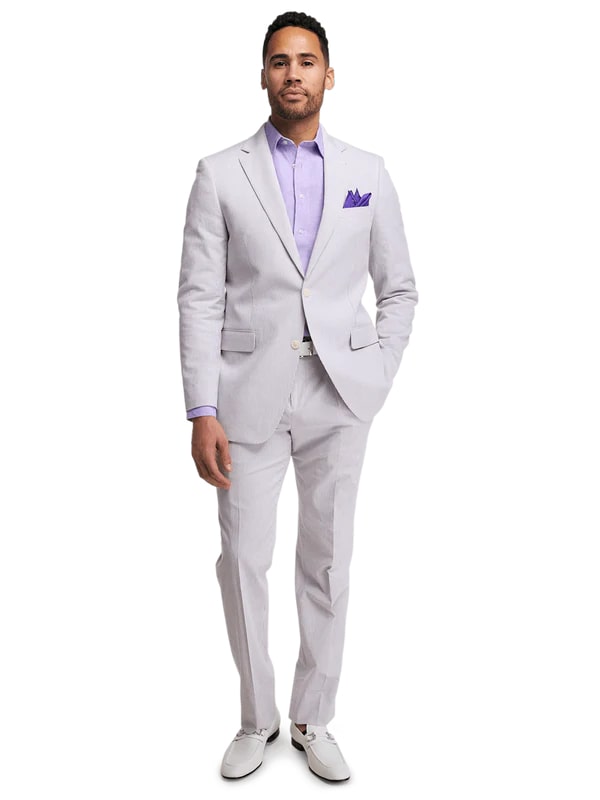 Mens Lavender Seersucker Suit Blazer + Pants Cotton Fabric - Summer Fabric in Purple color - 34 Short or Extra Small