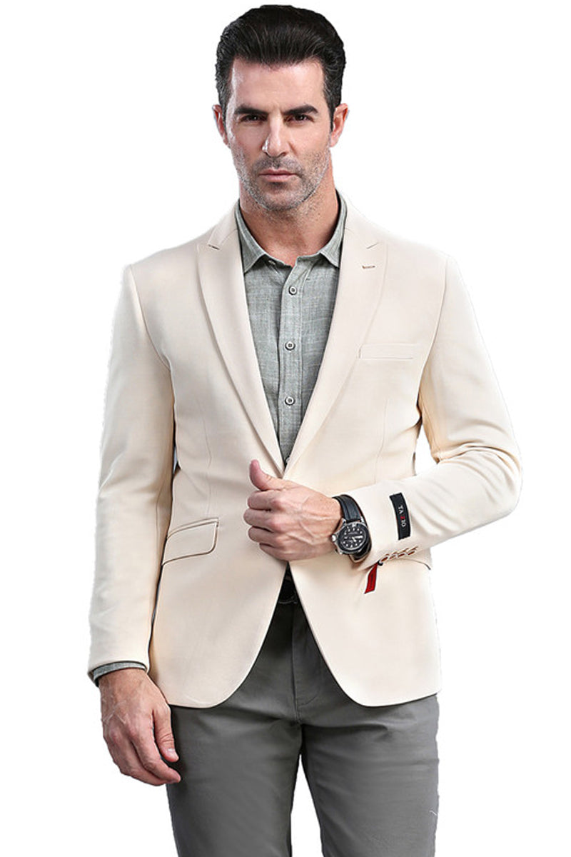 "Skinny Fit Men's Blazer - One Button Peak Lapel in Tan"