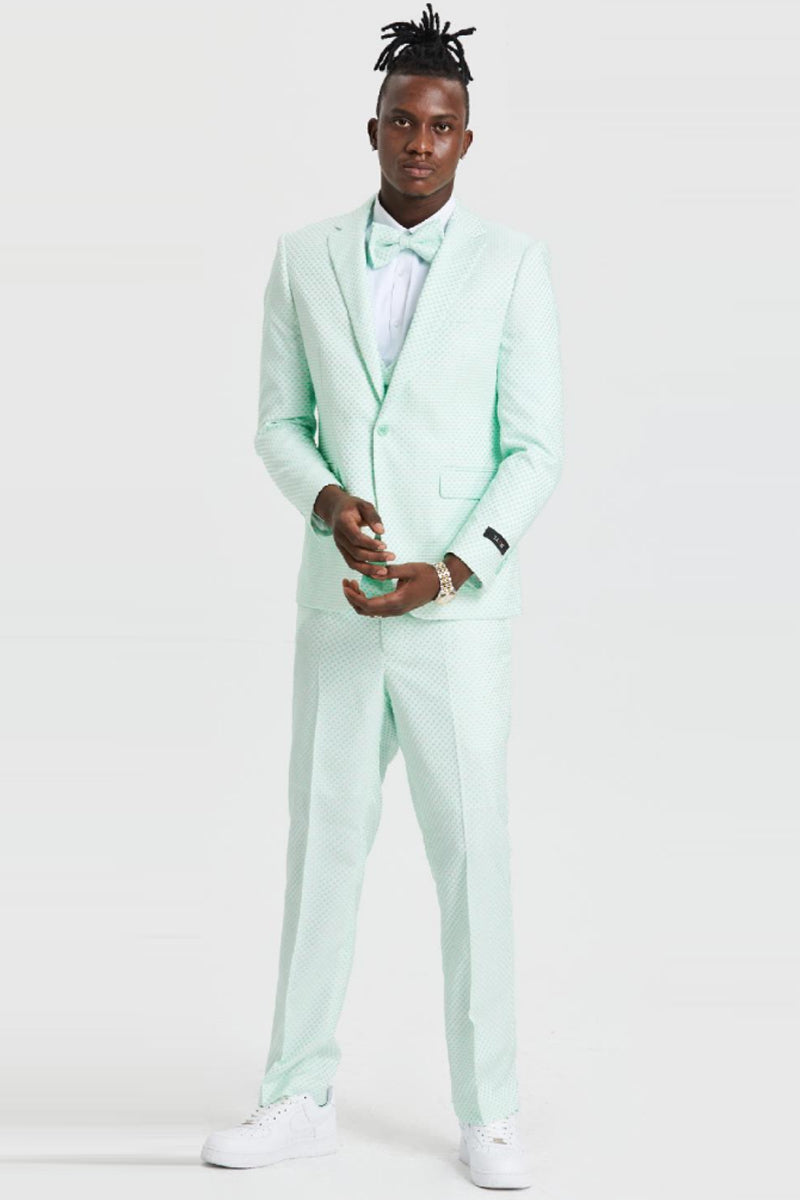"Men's Mint Green Polka Dot Prom 2025 & Wedding Suit - One Button Double Breasted Vest" - 34 Short