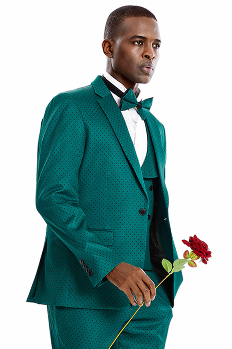 "Green & Black Men's Polka Dot Prom Suit - One Button Vested Style"
