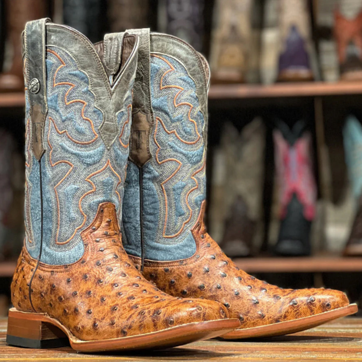 Printed Ostrich Square Toe Boots - Matte Cognac