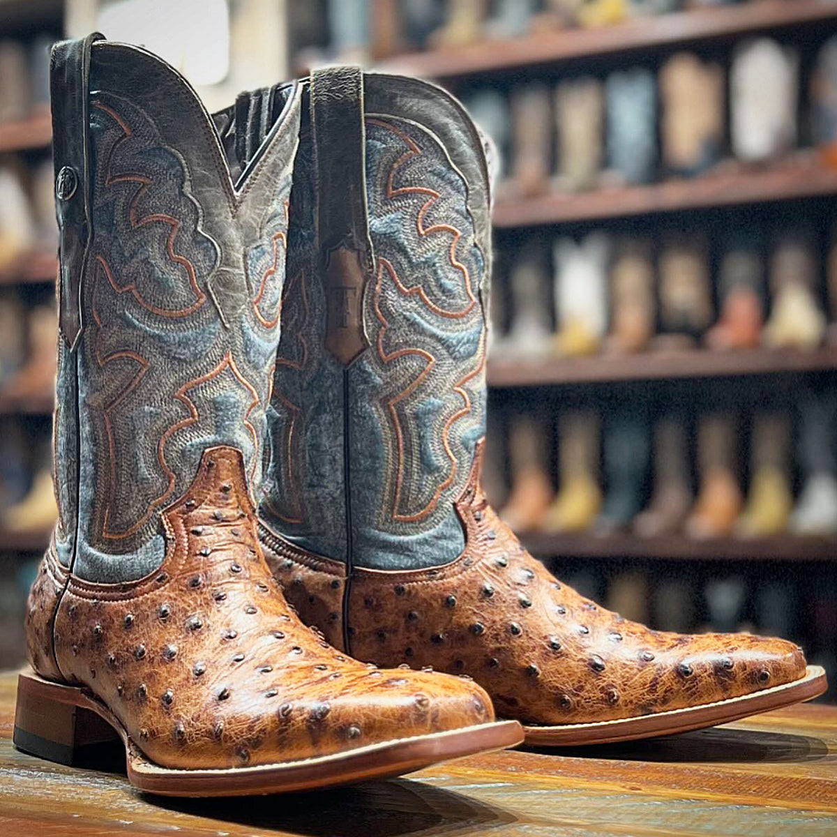 Printed Ostrich Square Toe Boots - Matte Cognac