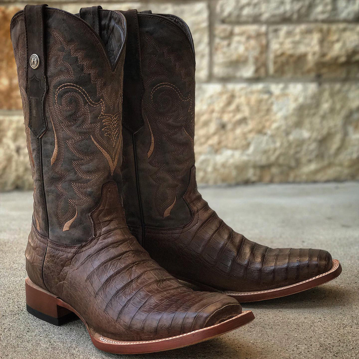 Printed Caiman Belly Square Toe Cowboy Boots - Mad Dog Brown