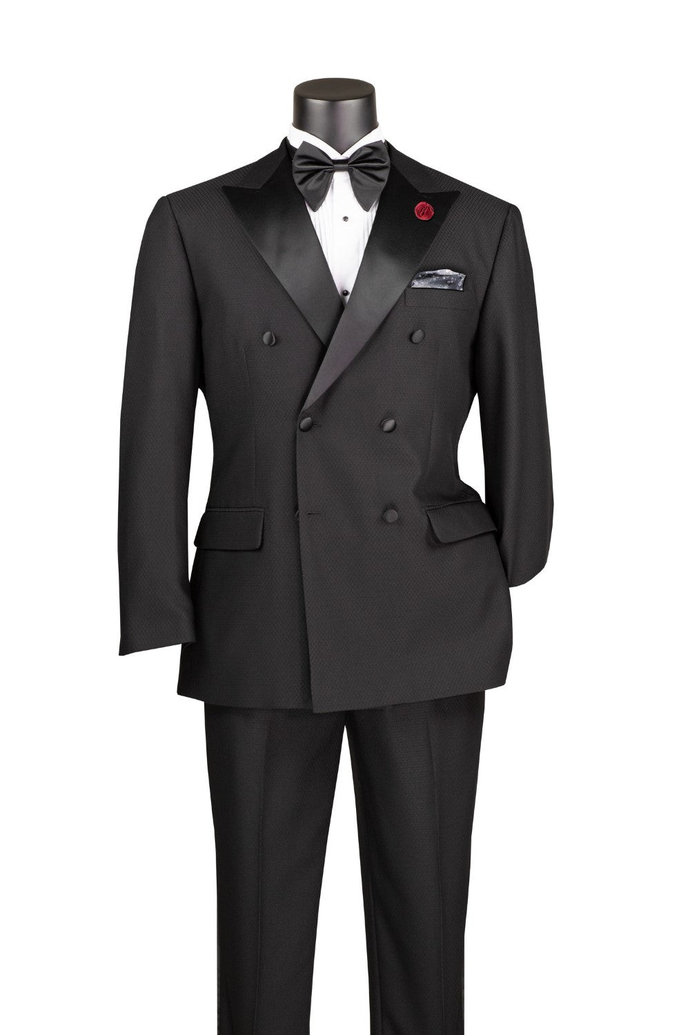 Modern Fit Black 2 Piece Double Breasted Tuxedo Adjustable Waistband with Oversized Bow Tie - Black
