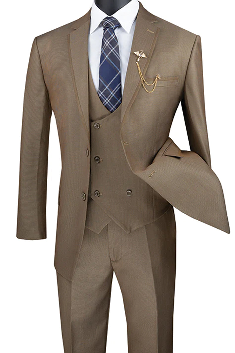 "Modern Fit Men's Tuxedo Suit with Double Breasted Vest - Khaki Satin Trim" - 38 Regular