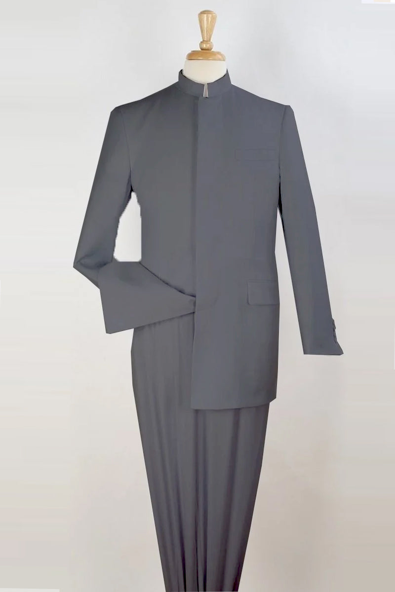 "Light Grey Mandarin Collar Suit for Men - French Front Style" - 34 Regular