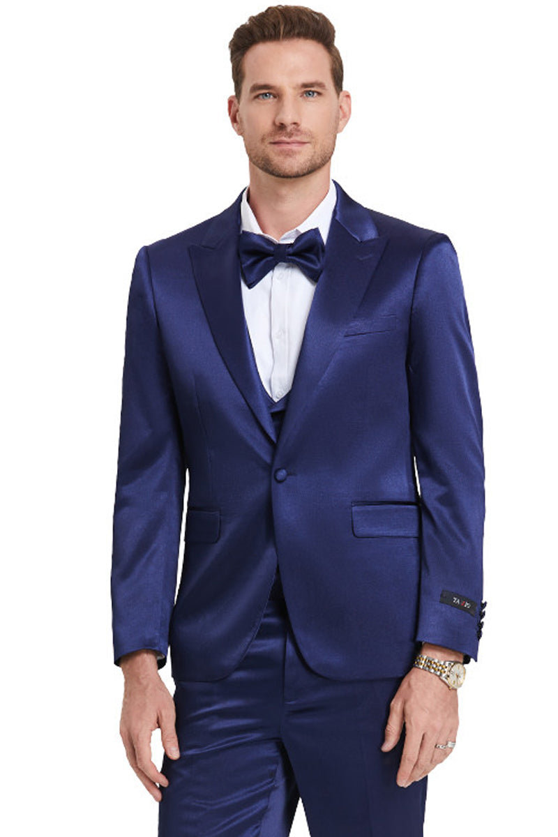 "Indigo Navy Men's Sharkskin Satin Prom 2026 & Wedding Suit - One Button Vested" blue