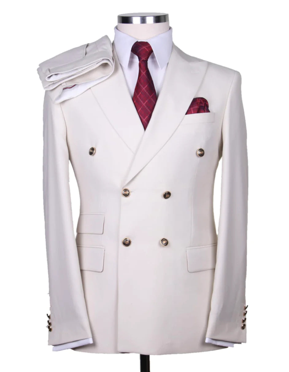 Mens Double breasted Suit - "White" 1920s 1980s Style Peak Lapel Suits - Back Side Vented Mens Designer Modern Fit Double Breasted Wool Suit with Gold Buttons in White - 36 Regular