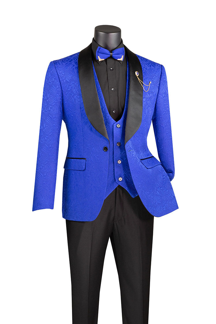 Slim Fit Tuxedo 3 Piece with Jacquard Pattern in Royal - Royal