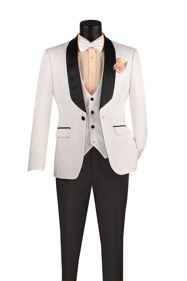 Slim Fit Tuxedo 3 Piece with Jacquard Pattern in White - White