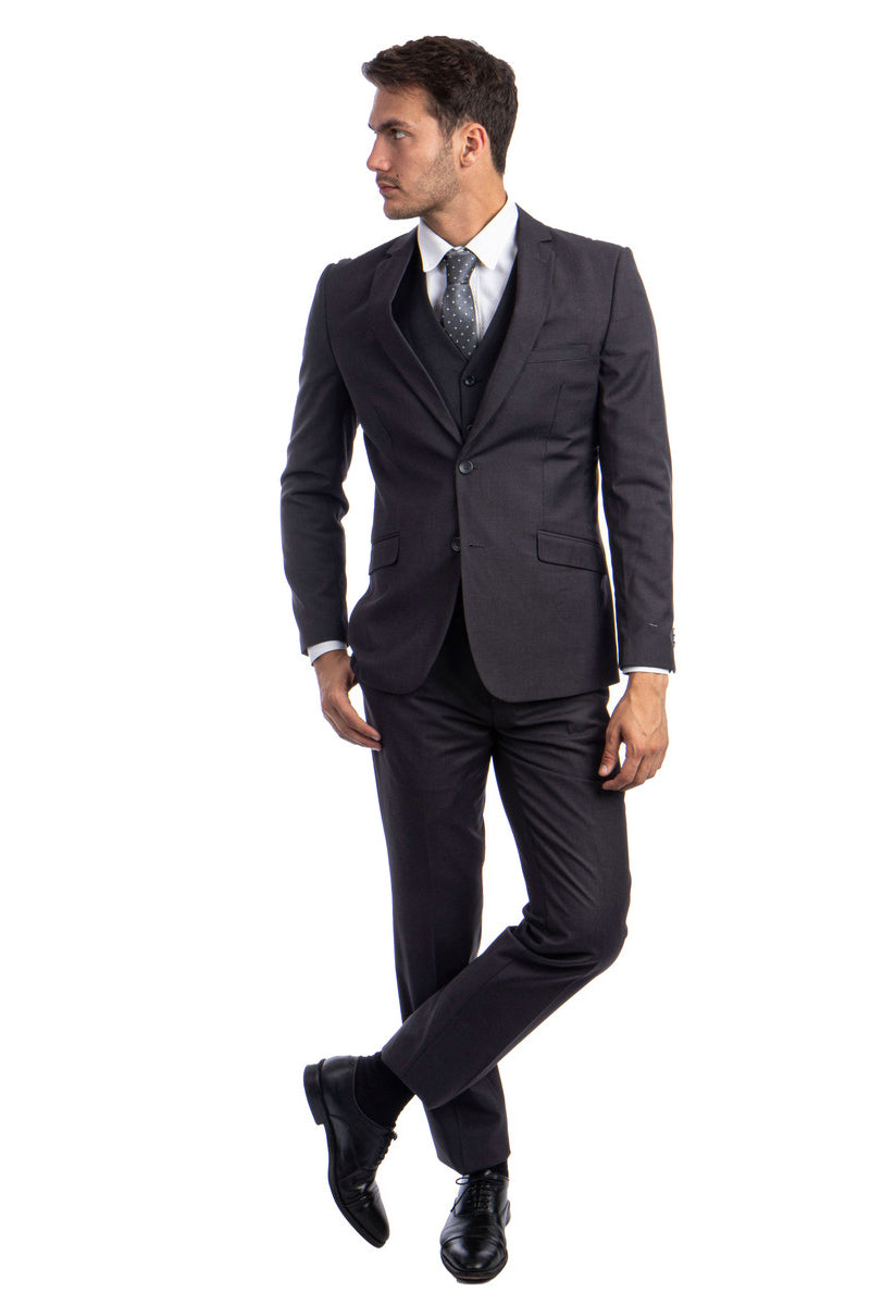 "Charcoal Grey Men's Hybrid Fit Vested Suit - Two Button Basic"