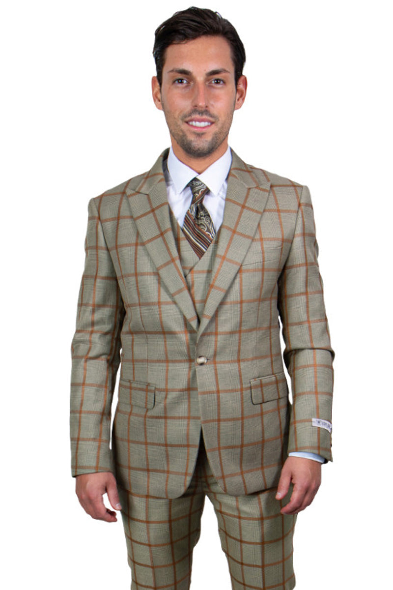 "Stacy Adams Men's Vested Suit - Tan & Gold Windowpane Plaid, One Button Peak Lapel"