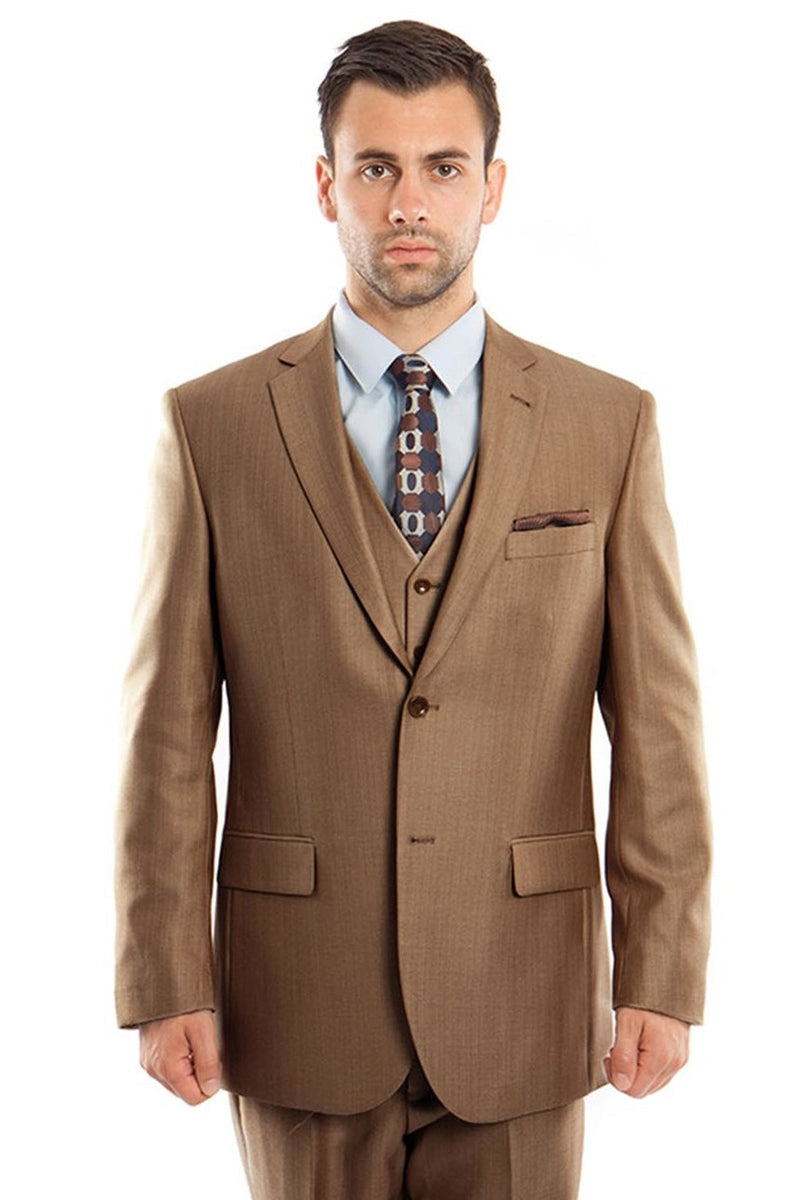 "Sharkskin Business Suit for Men - Two Button Vested in Dark Camel Toast"