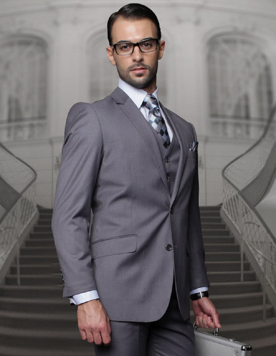 Mens Classic Fit Pleated Pant 2 Button Wool Suit in Heather Charcoal Grey - 56 Regular