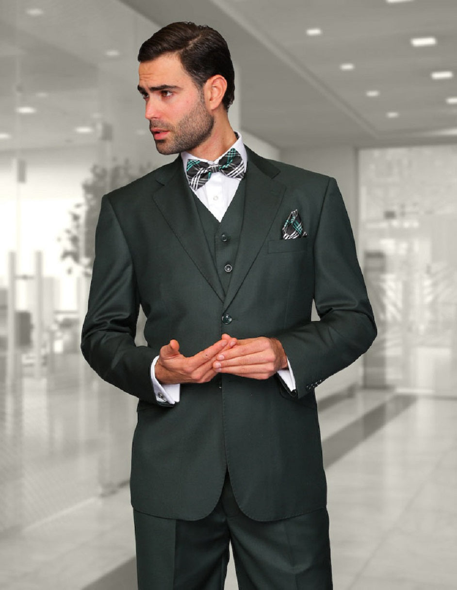 Mens Classic Fit Pleated Pant 2 Button Wool Suit in Hunter Green - 56 Regular