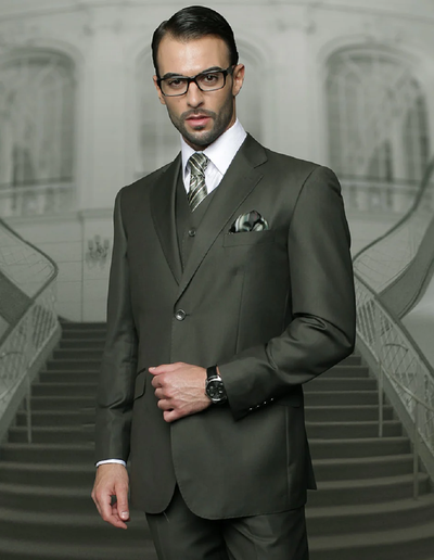 Mens Classic Fit Pleated Pant Wool Suit in Olive Green