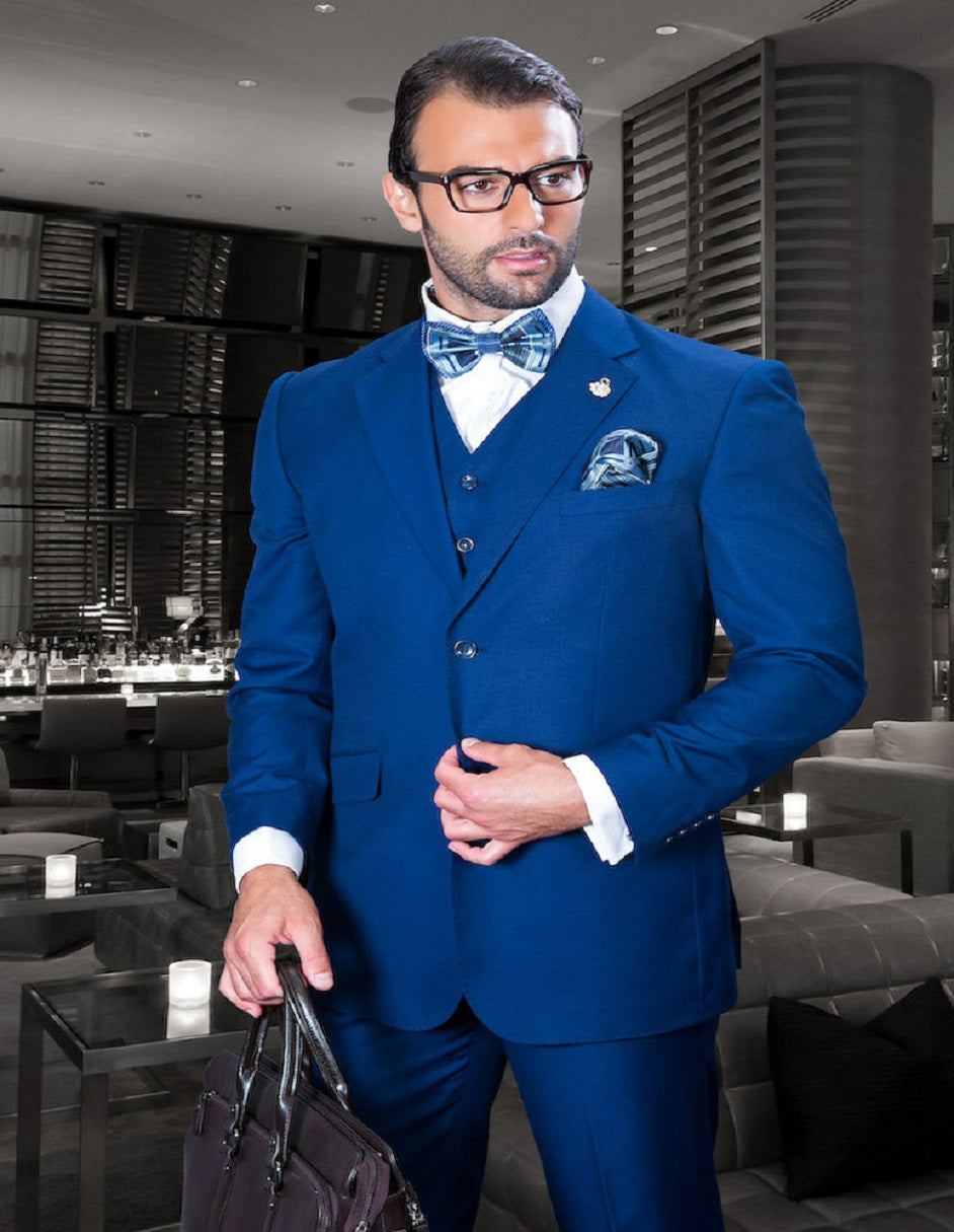 Mens Classic Fit Pleated Pant 2 Button Wool Suit in Sapphire Blue - 56 Regular