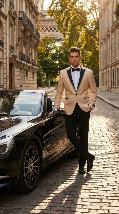 Mens Tan Tuxedo Blazer with Black Lapel Formal Dinner Jacket Suit + Pants for Wedding, Prom champaign beige color