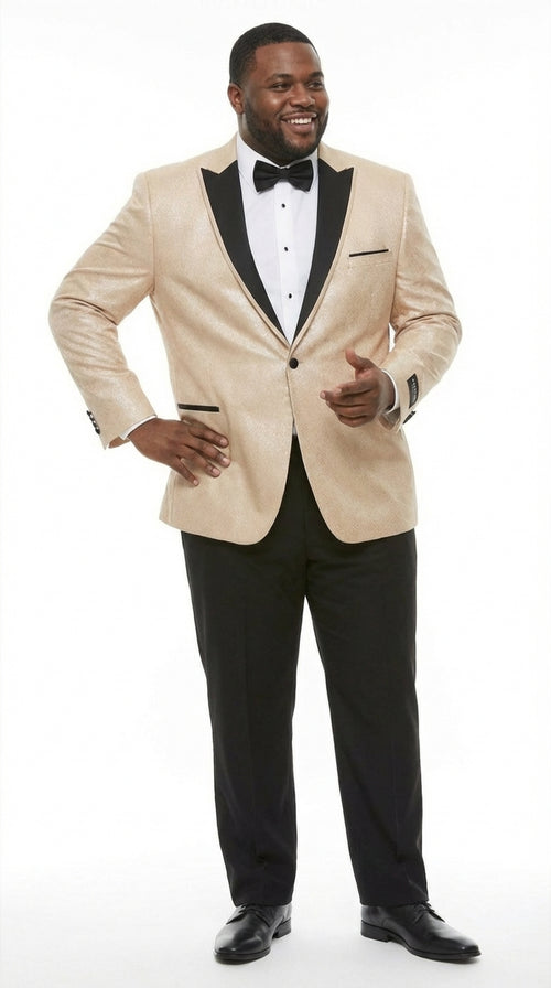 Mens Tan Tuxedo Blazer with Black Lapel Formal Dinner Jacket Suit + Pants for Wedding, Prom champaign beige color