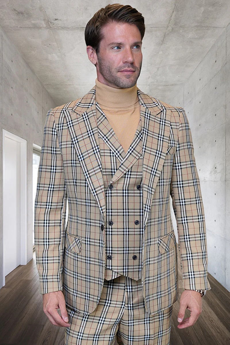 Mens Plaid Suit - Windowpane Pattern With Vest - Business Suit Black by USA Men's Outlet main image 0