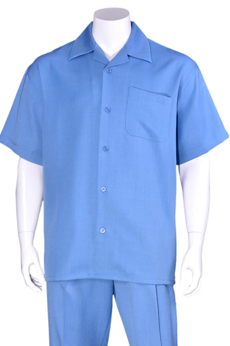 Mens Short Sleeve Casual Summer Walking Suit in Solid Blue - S