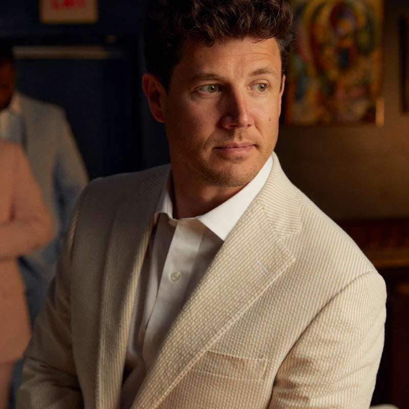 Seersucker Blazer - "Tan Bisque" Seersucker Sport Coat Tan Bisque Seersucker Stretch Sport Coat - 38 R