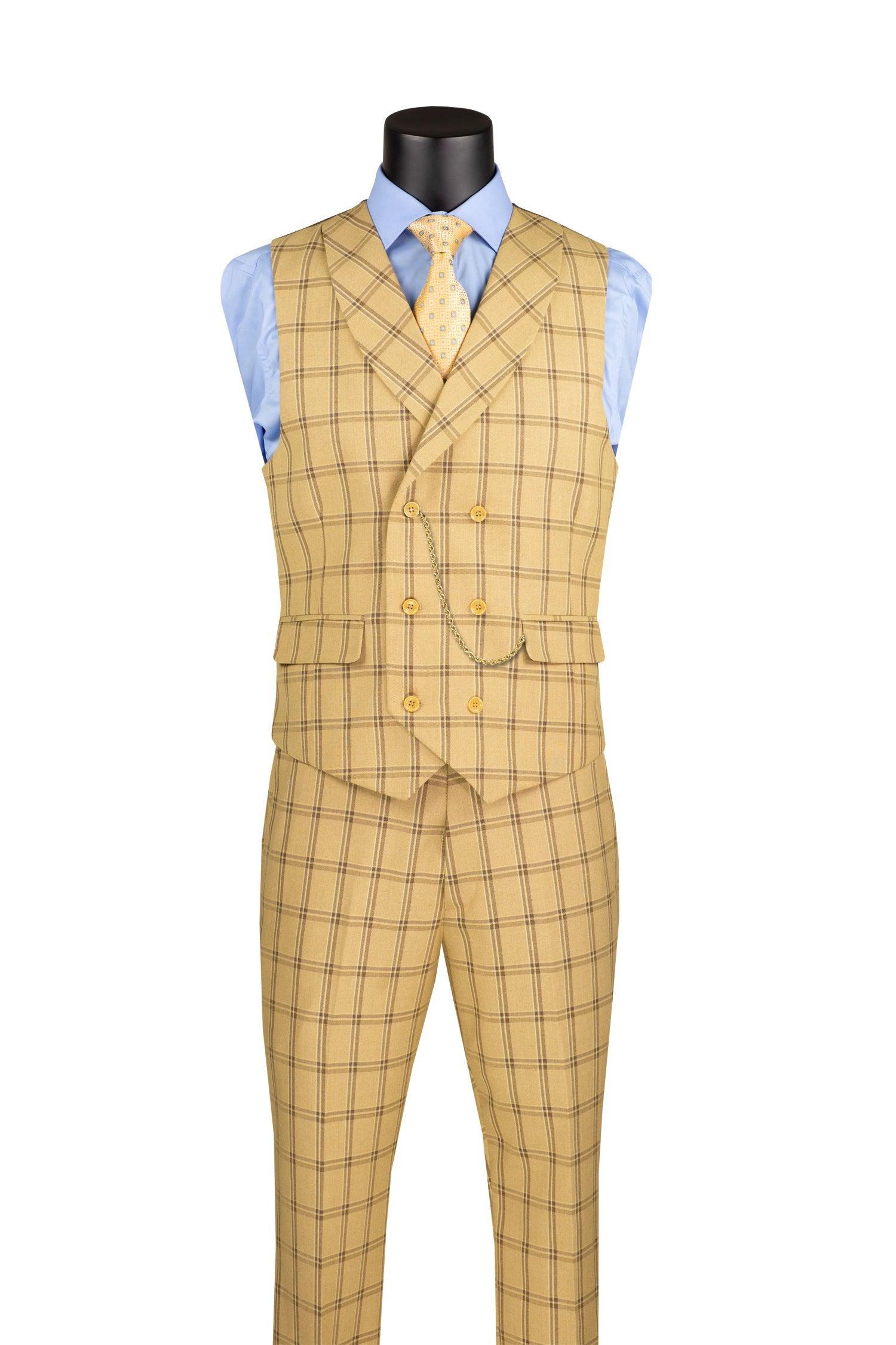 La Scale Collection-Windowpane Three Piece Suit - Tan - 36 Short - 30 Waist