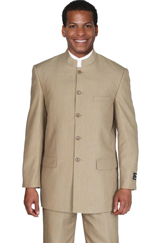 Cheap Priced Suit  -  Mens 5 Button Mandarin Pinstripe Tan Suit