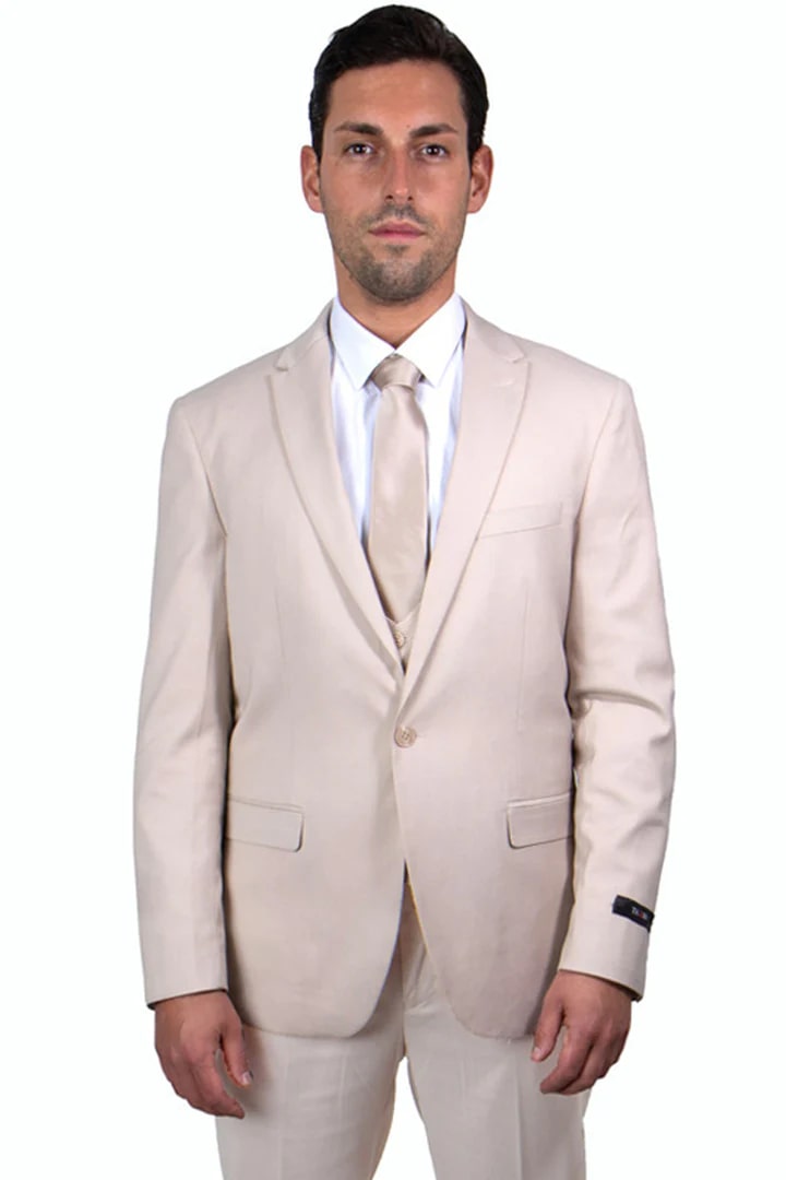 Cheap priced Suit - Men's One Button Peak Lapel Skinny Wedding & Prom 2026 Tan Suit With Lowcut Vest