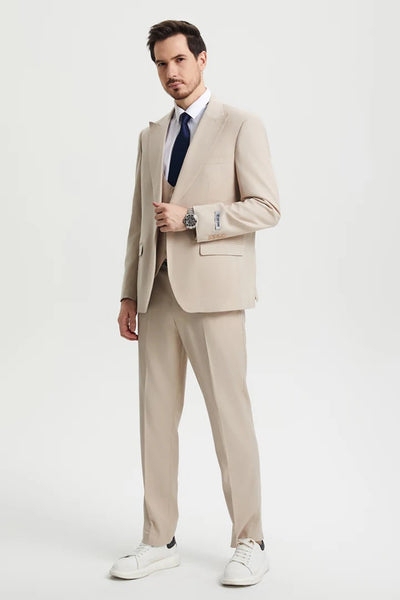 Cheap Priced Suit - Men's Vested Two Button Notch Lapel Stacy Adams Designer Tan Suit