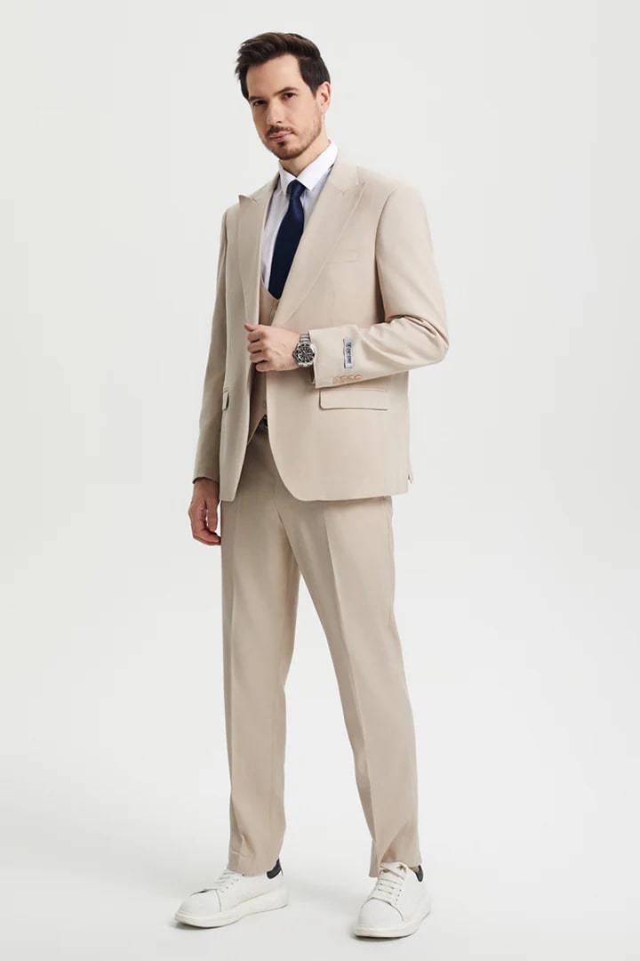 Cheap Priced Suit - Men's Vested Two Button Notch Lapel Stacy Adams Designer Tan Suit - 38 Short Jacket+32 Waist Adjustable 28to34)(Height: 5 4 to5 7 )(Neck  15-16.5)S-M)