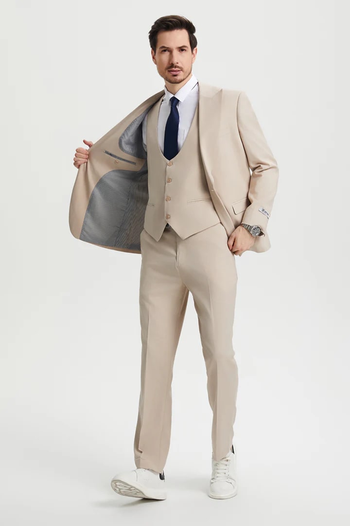 Cheap Priced Suit - Men's Vested Two Button Notch Lapel Stacy Adams Designer Tan Suit - 38 Short Jacket+32 Waist Adjustable 28to34)(Height: 5 4 to5 7 )(Neck  15-16.5)S-M)