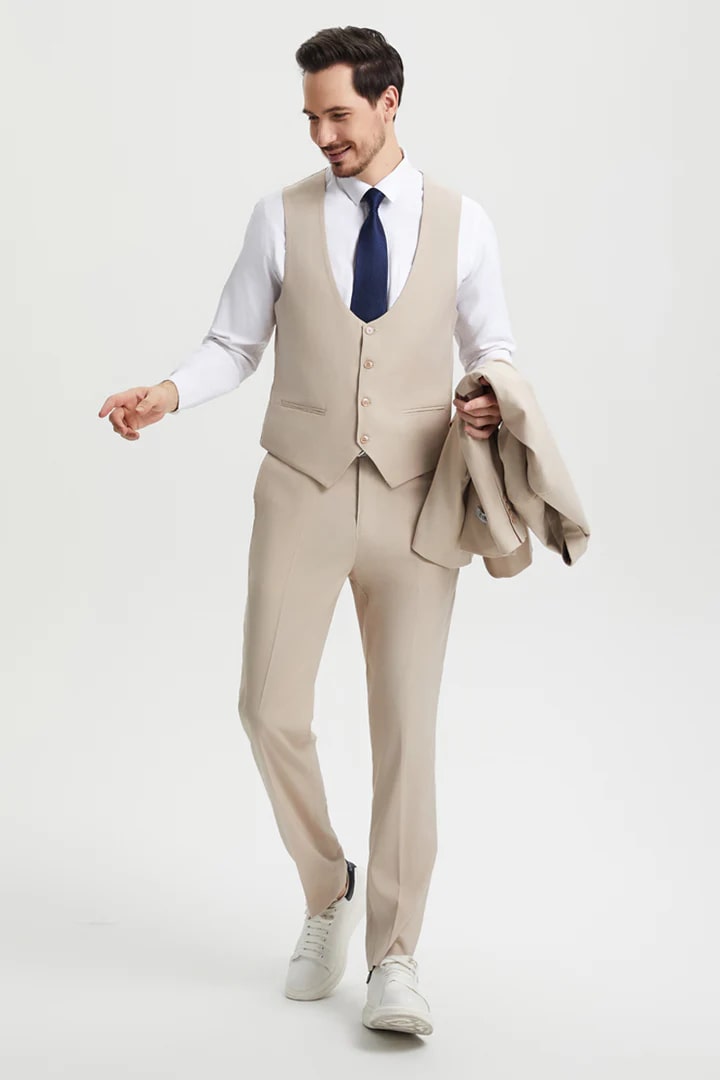 Cheap Priced Suit - Men's Vested Two Button Notch Lapel Stacy Adams Designer Tan Suit - 38 Short Jacket+32 Waist Adjustable 28to34)(Height: 5 4 to5 7 )(Neck  15-16.5)S-M)