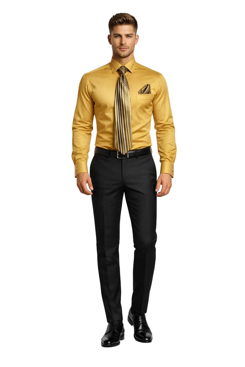 French Cuff + Tie + Handkerchief Men's Dress Shirt With Tie